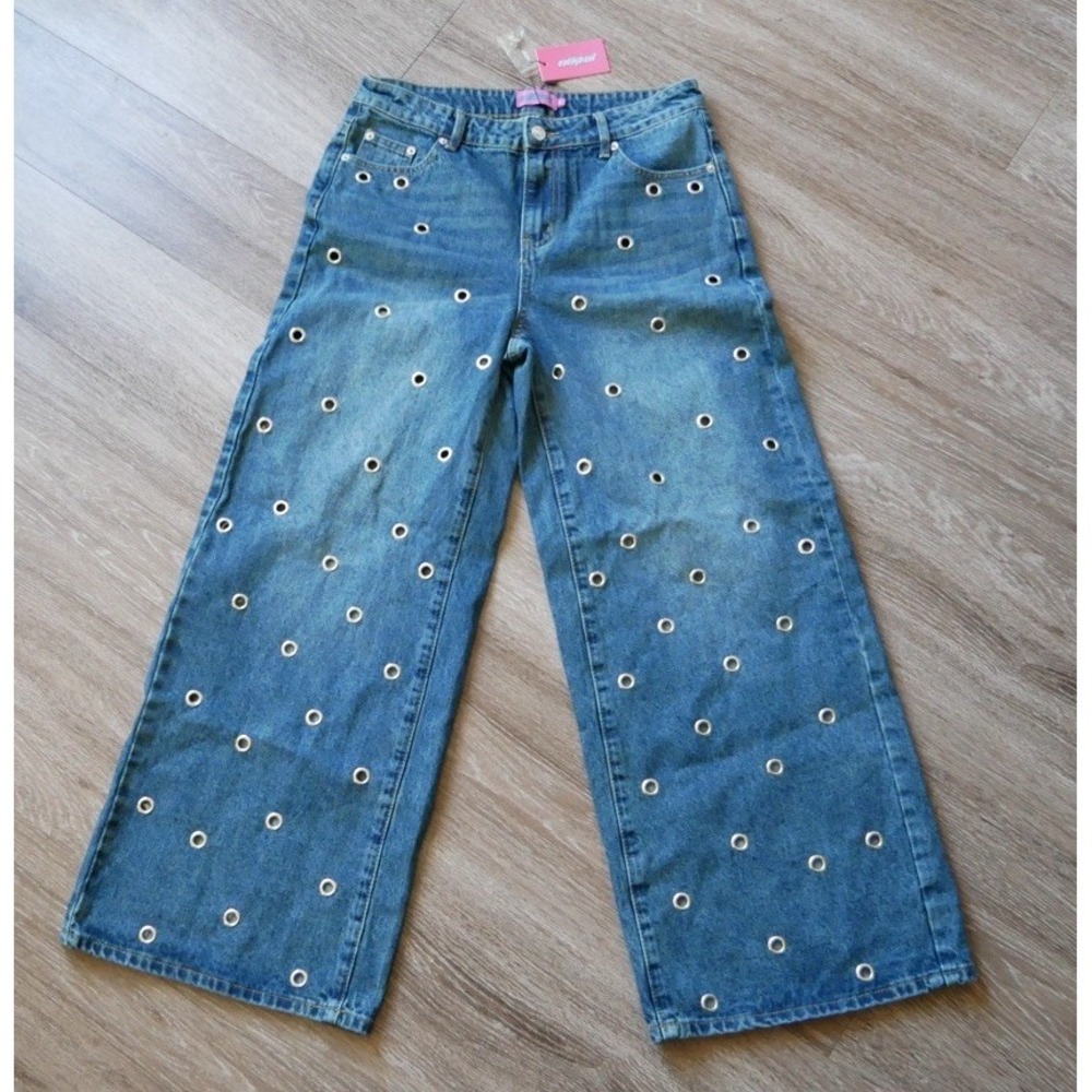 Edikted Jainie Grommet Low Rise Wide Leg Jeans Blue Wash Size M S19239